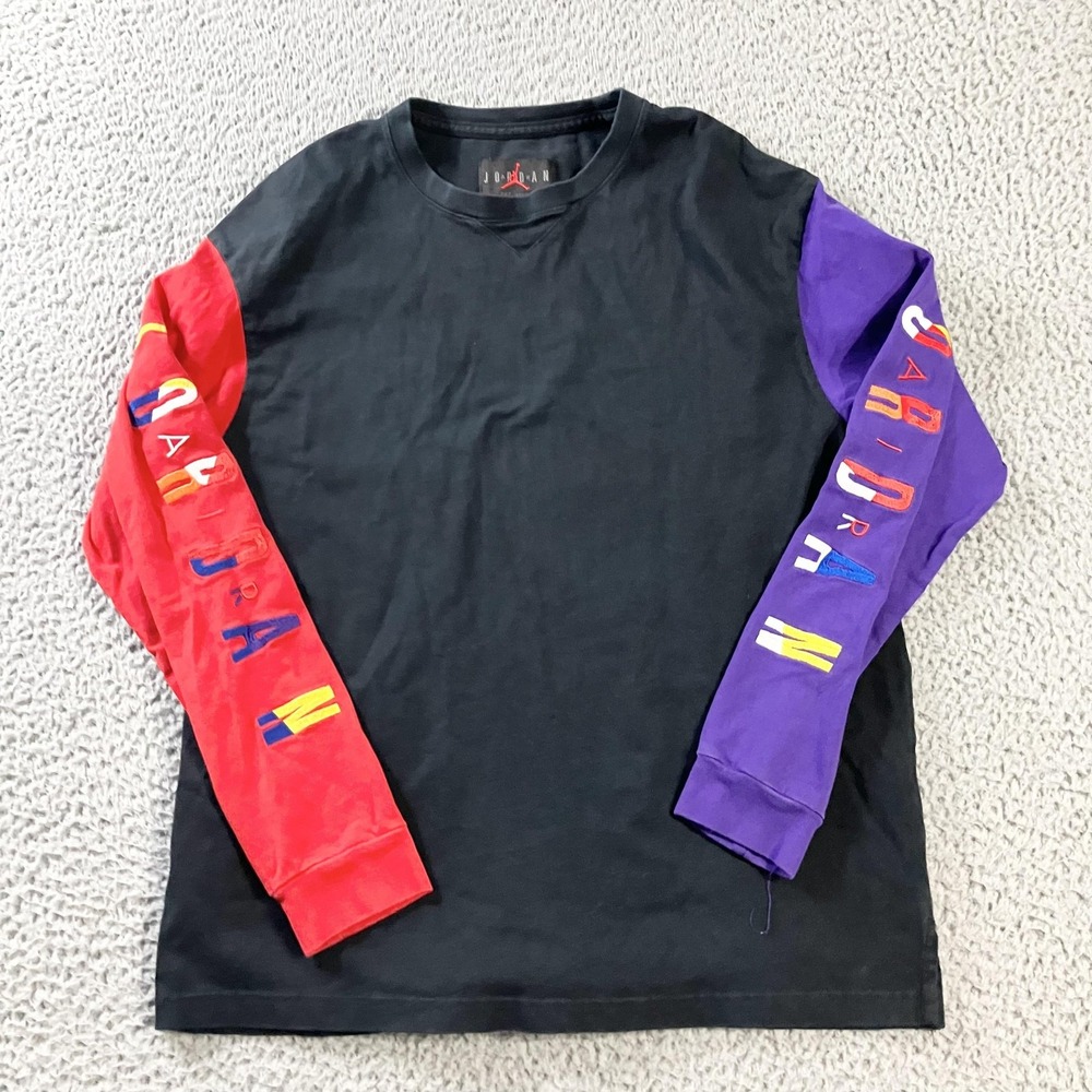 Jordan Long Sleeve Shirt Mens Medium Black Red Purple Colorblock‎ Logo Tee